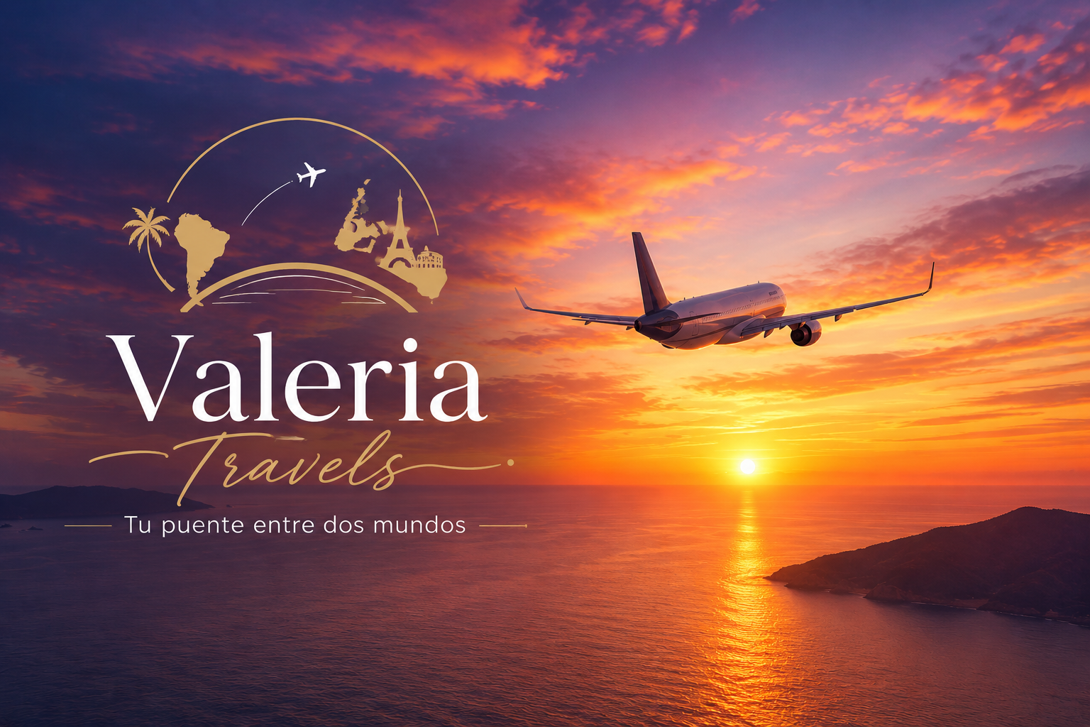 Valeria Travels — Tu puente entre dos mundos. Banner de marca con el puente ilustrado entre Europa y Sudamérica.